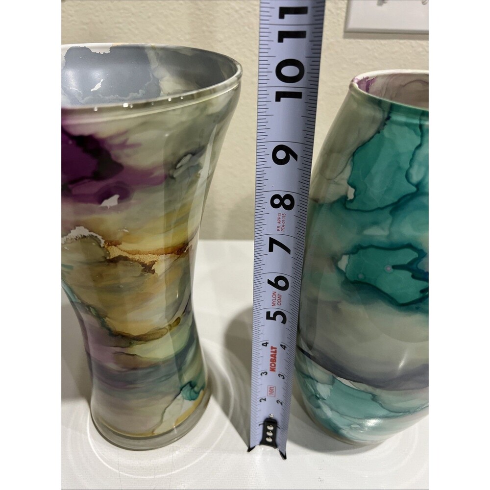 Swirl Vase Reverse Painted Watercolor Art Glass Italy Lot Of 2 Blue Purple Etc - Picture 2 of 13